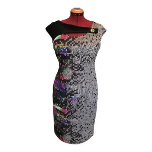 SZ14 Joseph Ribkoff Mixed Print Digital Sheath Dress Abstract Chevron